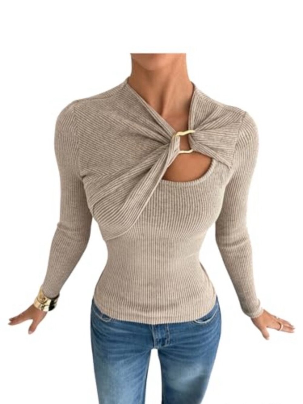 Long Sleeve Knit Top Asymmetrical Cut Out Going Out Slim Fit